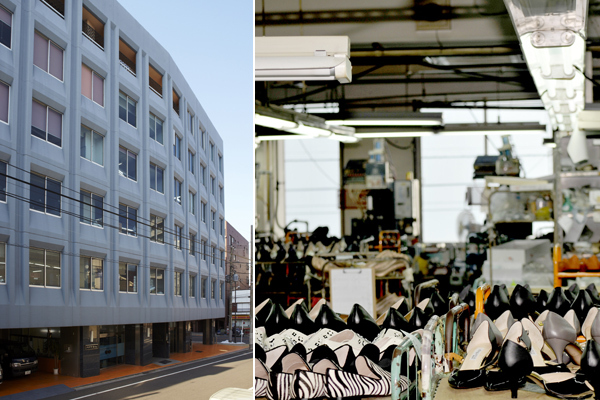 写真左：台東区今戸1丁目にある「株式会社パナマシューズ」のビル / 写真右：大量の靴が集まる仕上げ工程のフロアーの景観