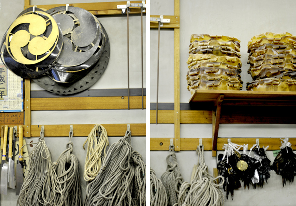 写真：太鼓の革・装飾品・革を張る作業に使うロープ。