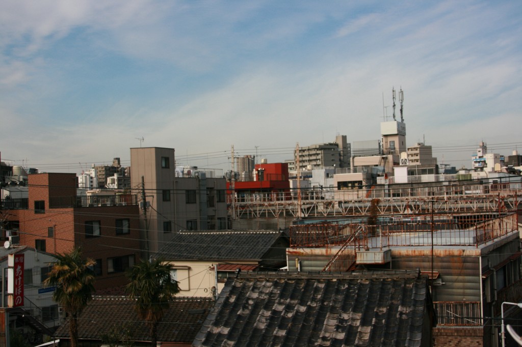 (写真: カンガルーホテルの屋上から。左右に伸びる鉄のはしごのようなものが、商店街アーケードの屋根だ)