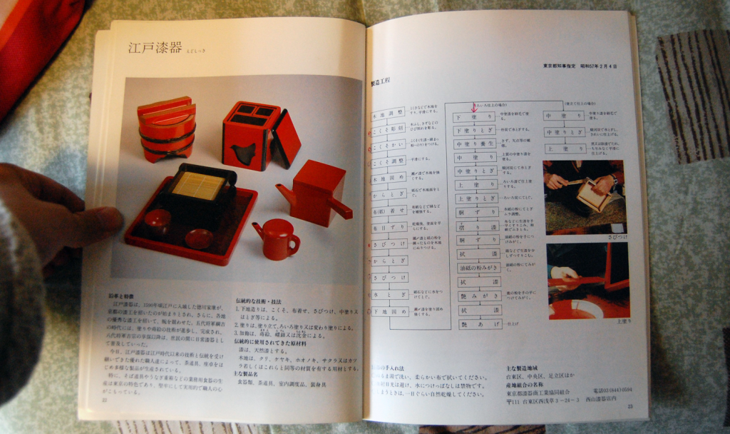 写真：江戸漆器の作業工程がまとめられたページ。「ろいろ仕上げ」の場合、全29工程