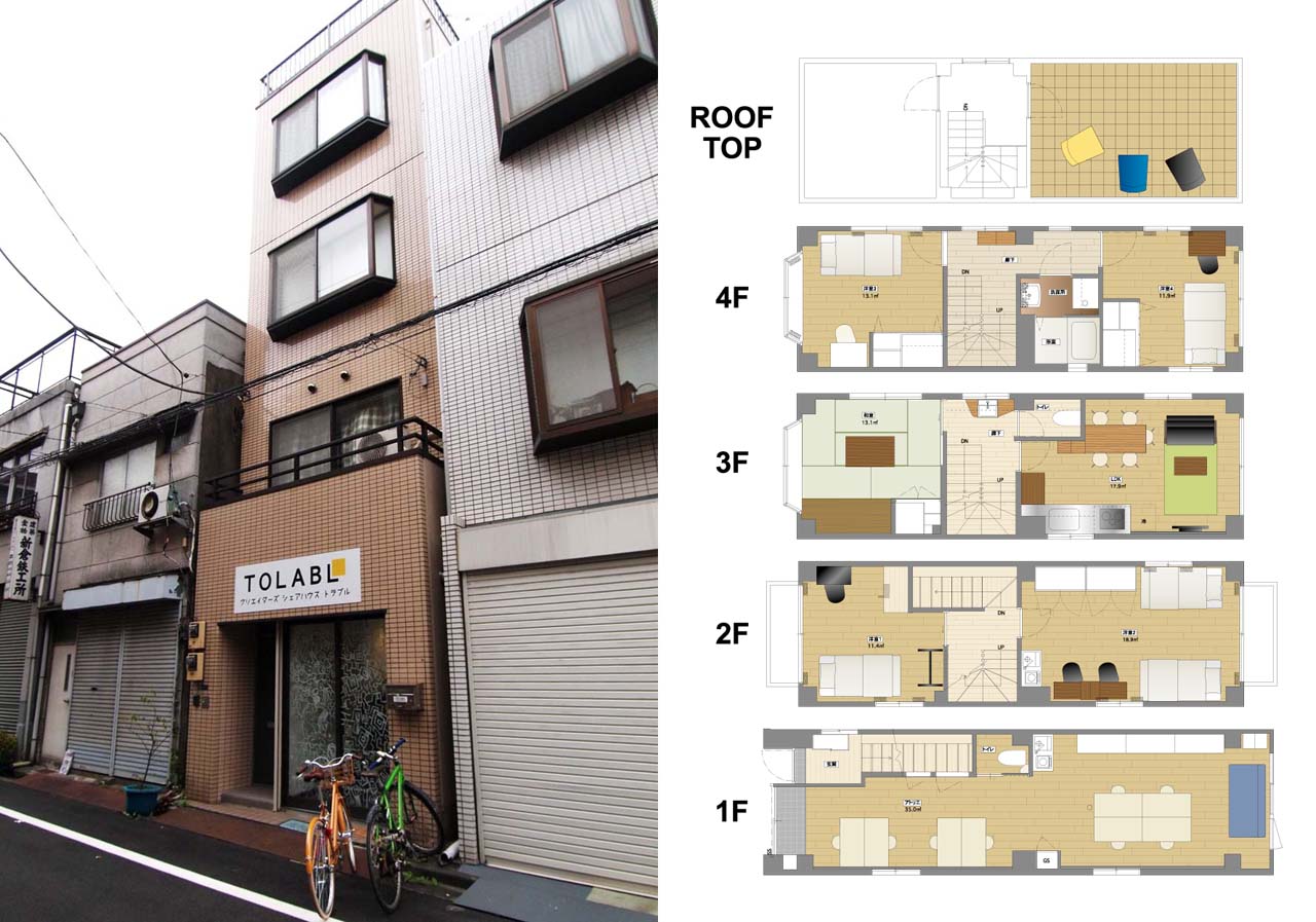 右：クリエイターズシェアハウス「TOLABL」の外観　左：TOLABLの各階平面図。4階にはお風呂もあります